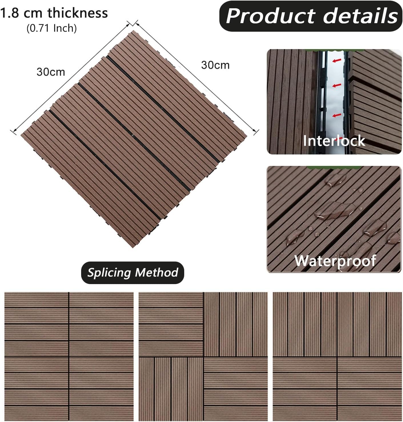 Dalles et lames de terrasse en composite, Tuiles de verrouillage extérieures d'intérieur de plate-forme de WPC multicolores 30x30x2 cm 10 pièces(L-Chocolate)