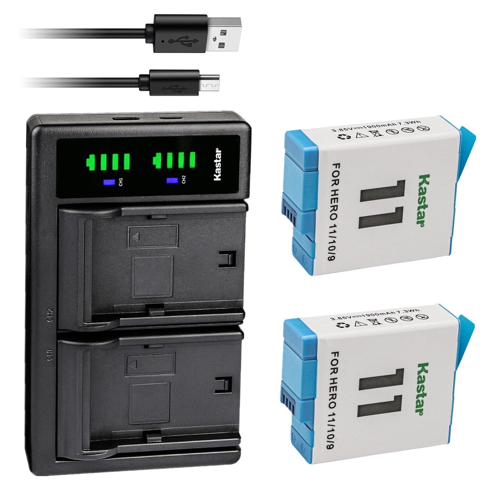 Kastar 2-Pack Battery & LTD2 USB Charger for GoPro HERO11, HERO10, HERO9 Action Cameras - 4.2V 800mA Output