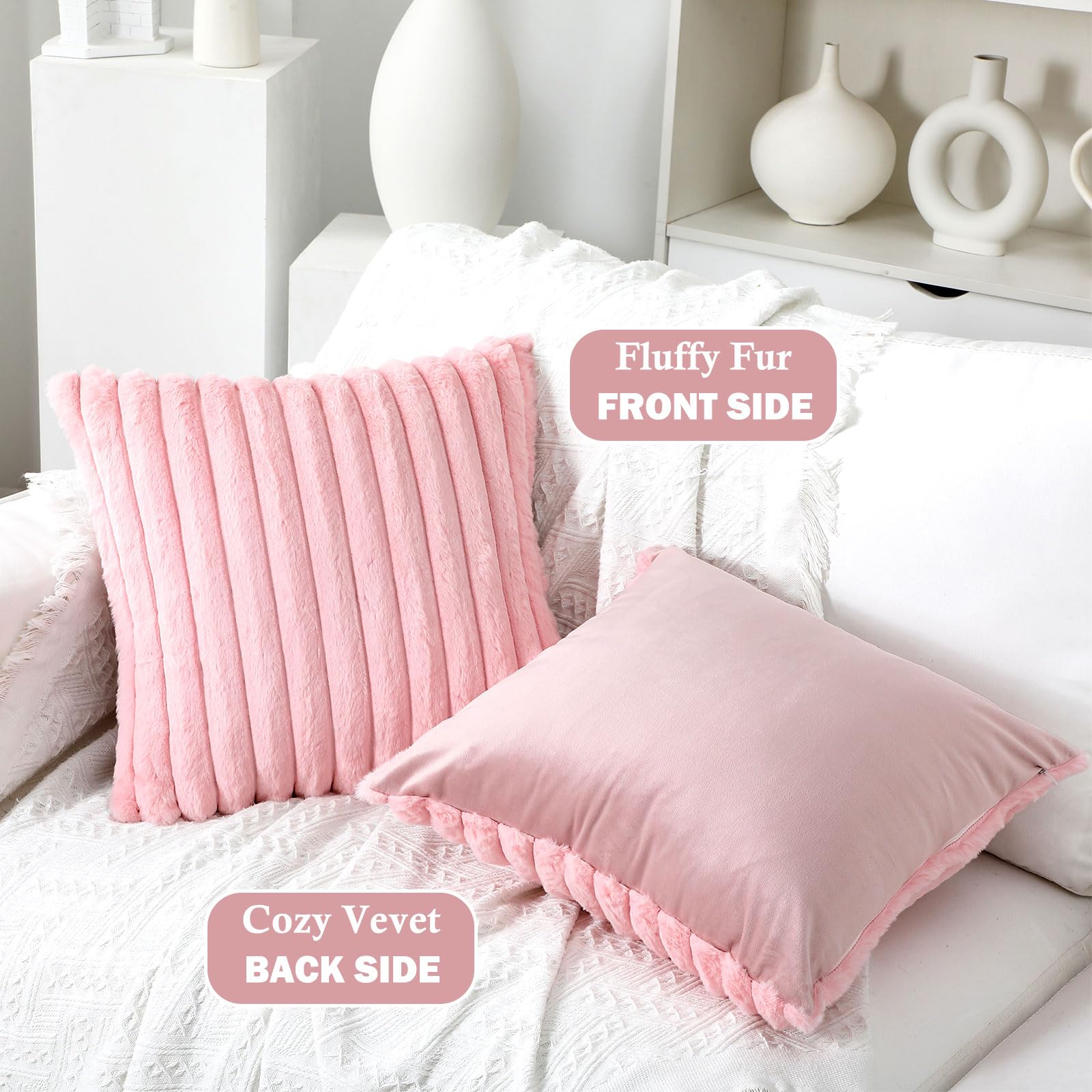 Mixweer 6 federe per cuscini in finta pelliccia, 45 x 45 cm, decorative a righe, morbide, per dormire, feste, divano, camera da letto, soggiorno (rosa, viola, blu)