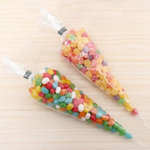 Miniatura 6 de Dzrige 100 bolsas transparentes de cono transparentes con lazos dorados, bolsas triangulares de plástico para Pascua, Navidad, decoración de boda,