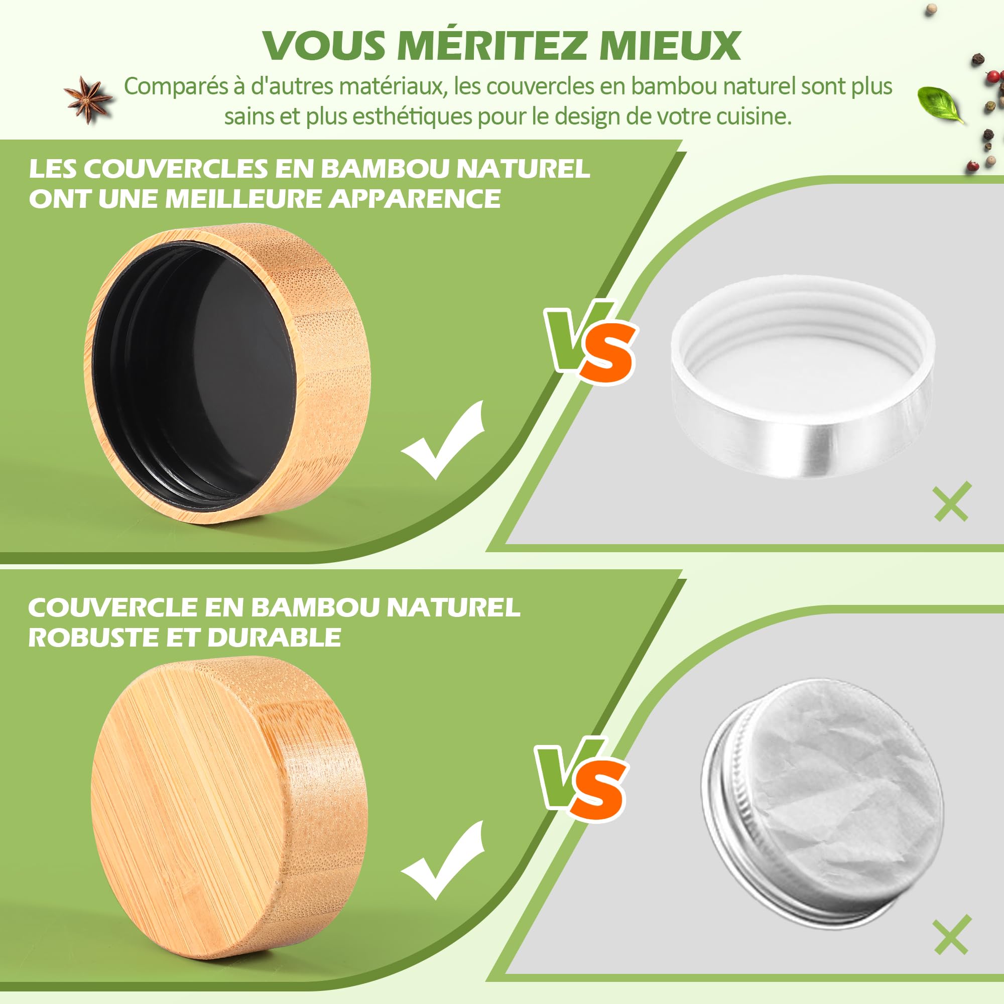 MOYKSRR Pot à Épices en Verre et Bois - 24 Pièces 120ml Bocaux à Épices avec Couvercle en Bois D'acacia, Ensemble de Bocaux Épices pour un Rangement Cuisineavec Étiquettes,Tamis,Entonnoir,Brosse
