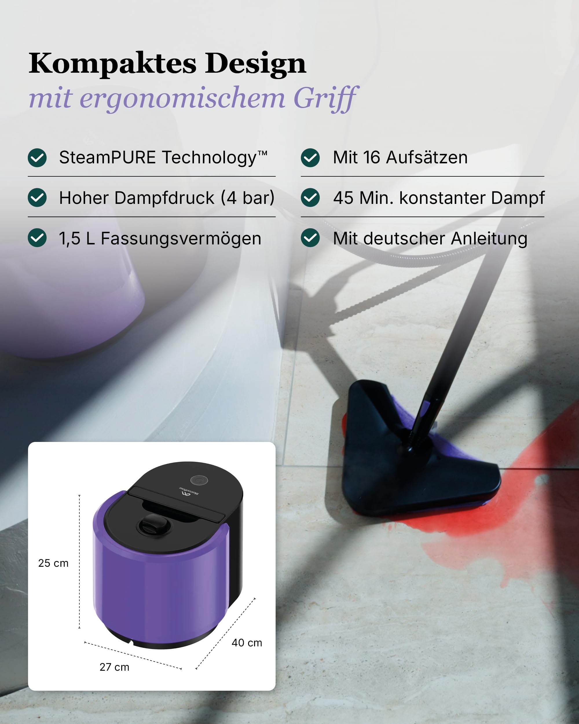 Motionflow PRO Dampfreiniger für alles - 1500W Hochdruck Steam Cleaner mit Edelstahlboiler für Polster, Teppiche, Armaturen und Böden – Dampfbürste mit 13 Aufsätzen, 45 Min Laufzeit, 100°C Dampf