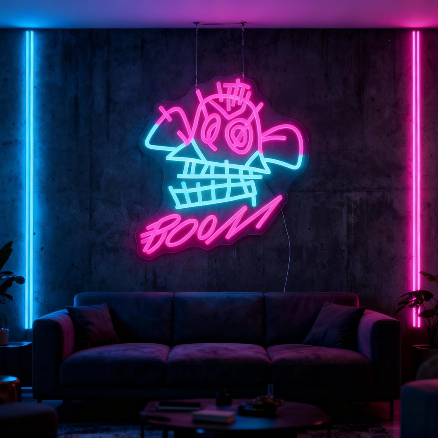 "BOOM!" Neon Sign with Cyberpunk Girl Art – 13.8"x12.2" Pink & Blue LED Wall Decor – Graffiti Style Light for Gaming Room, Bedroom & Street Art Space