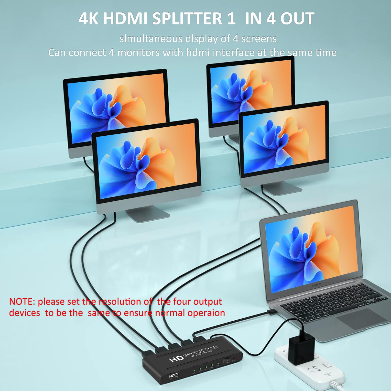 Diviseur HDMI 1 en 4 sorties, répartiteur HDMI 1 x 4, support audio et vidéo 4K à 30 Hz Full HD 1080p et 3D, compatible avec Xbox PS3/4 lecteur Blu-Ray, HDTV, STB, DVD, projecteur, etc.