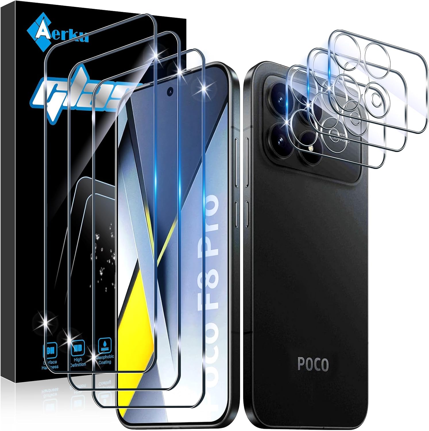 Screen Protector for Xiaomi Poco F8 Pro for Tempered Glass Pack of 3 Protective Glass and 3 Pieces Camera Protection 9H Hardness Tempered Glass Protection 0.33 mm HD Film Anti-Scratch
