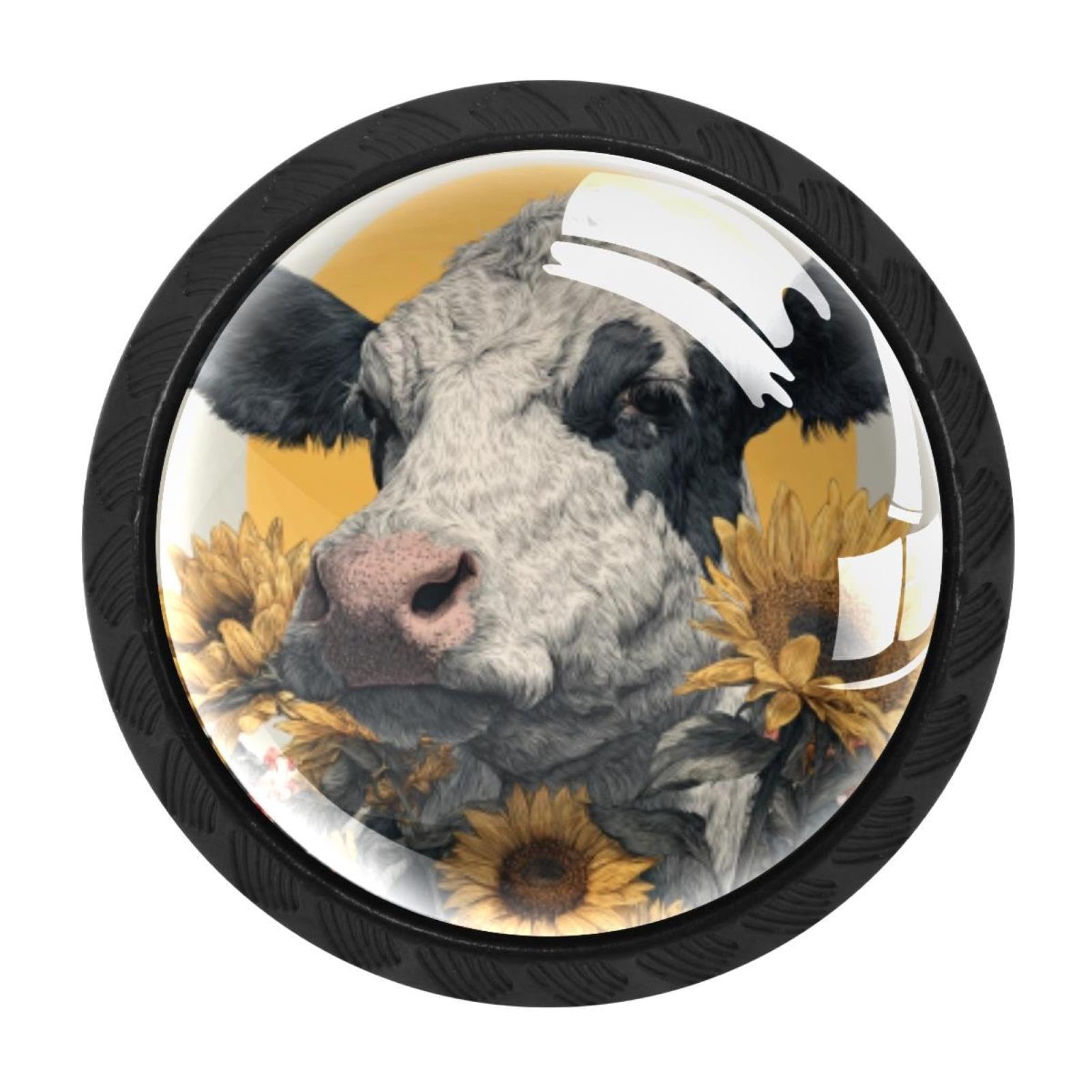 CHENZZZZ 4 pcs Cow with Sunflower (1) Cabinet Knobs Crystal Drawer Pulls for Kitchen, Bathroom Cabinet, Dresser and Cupboard