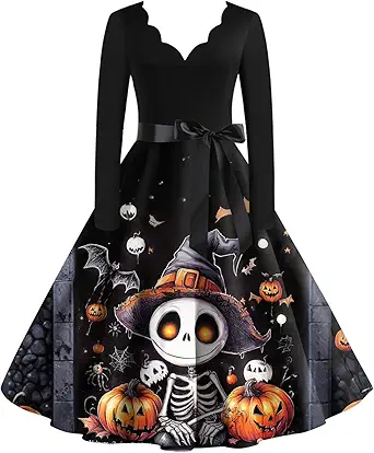 OIOLOYJM Sexy Plus Size Halloween Costumes Woman 2025 Long Sleeve V Neck Printed Gothic Retro Formal Party Dresses for Women