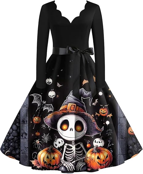 OIOLOYJM Sexy Plus Size Halloween Costumes Woman 2025 Long Sleeve V Neck Printed Gothic Retro Formal Party Dresses for Women