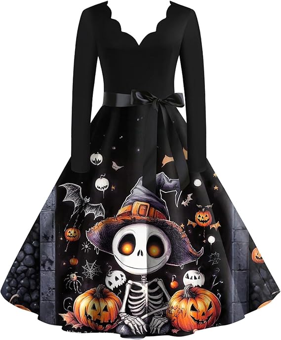 OIOLOYJM Sexy Plus Size Halloween Costumes Woman 2025 Long Sleeve V Neck Printed Gothic Retro Formal Party Dresses for Women