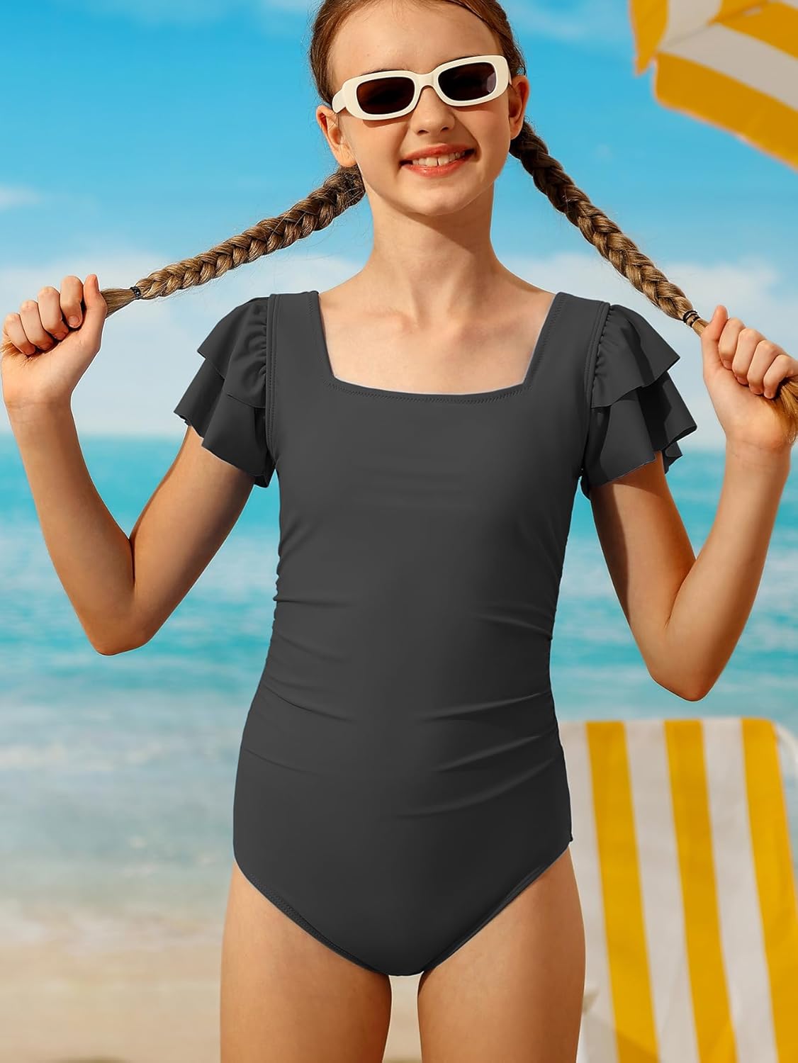 Girls Swimsuit Ruffle Strap One Piece Bathing Suit for Girls Square Neck Ruched Padded Swimwear 11-16Y - Image 4