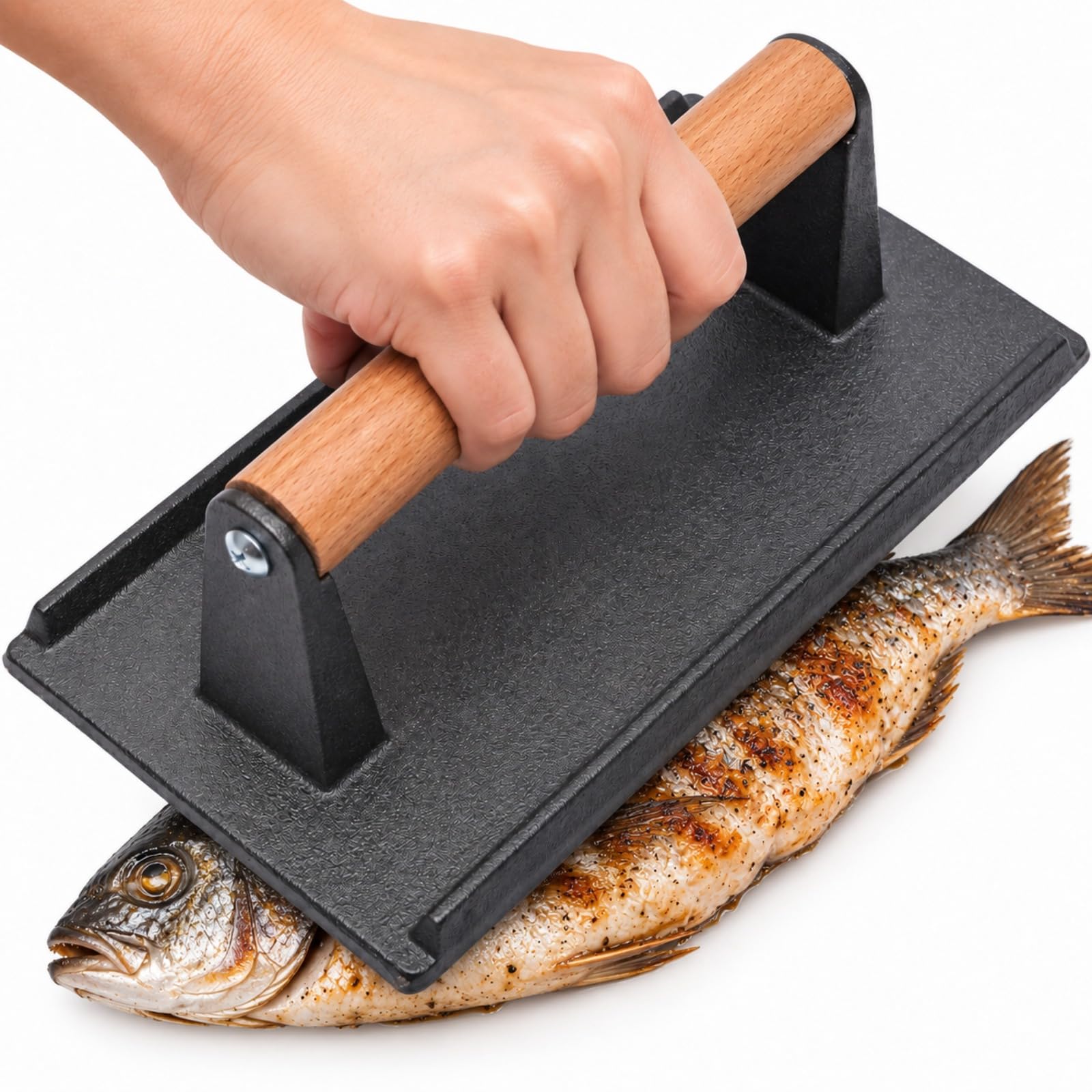 yiokeo Cooking Weight Press for Fish with Wood Handle, Even heat Non-Stick Heavy-Duty Fish Press for Frying, Grilling & Pan Cooking, Griddle and BBQ (12.5 * 22.5cm)