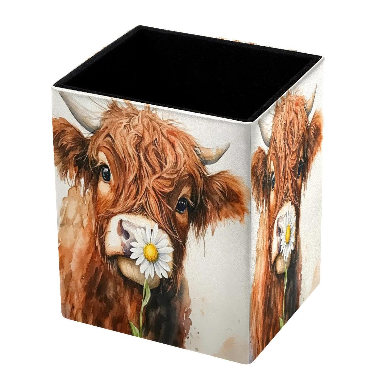DragonBtu Desktop Pencil Holder, Cow and Daisy Rectangular Pencil Cup, Pencil Storage Bag Office Desk Supplies Case for School, Kids