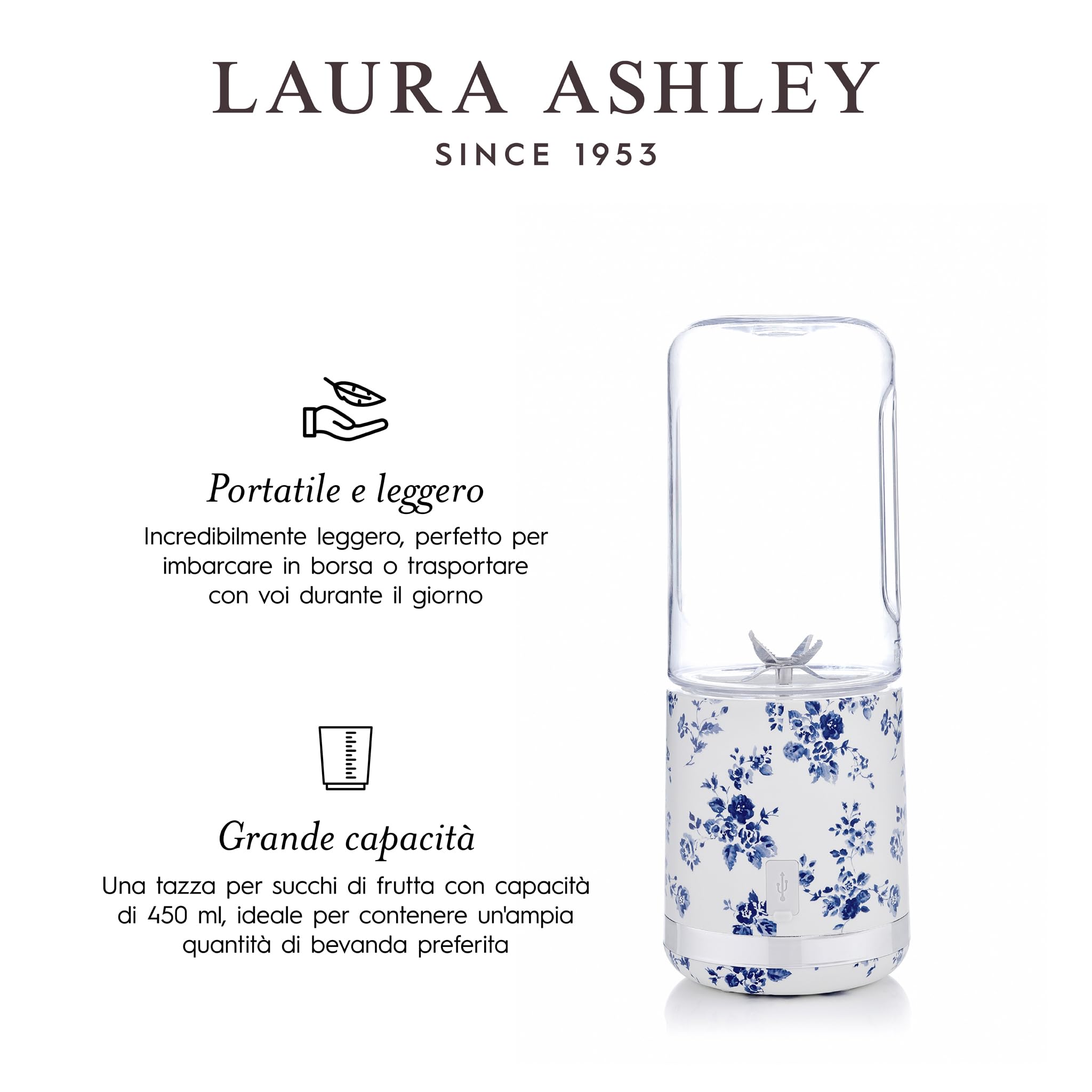 Laura Ashley China Rose Frullatore Smoothie Portatile con Bottiglia da 450 ml di VQ. Frullatore Portatile USB Ricaricabile è Compatto, Potente e Perfetto per Cucina, Sport, Viaggi e Ufficio