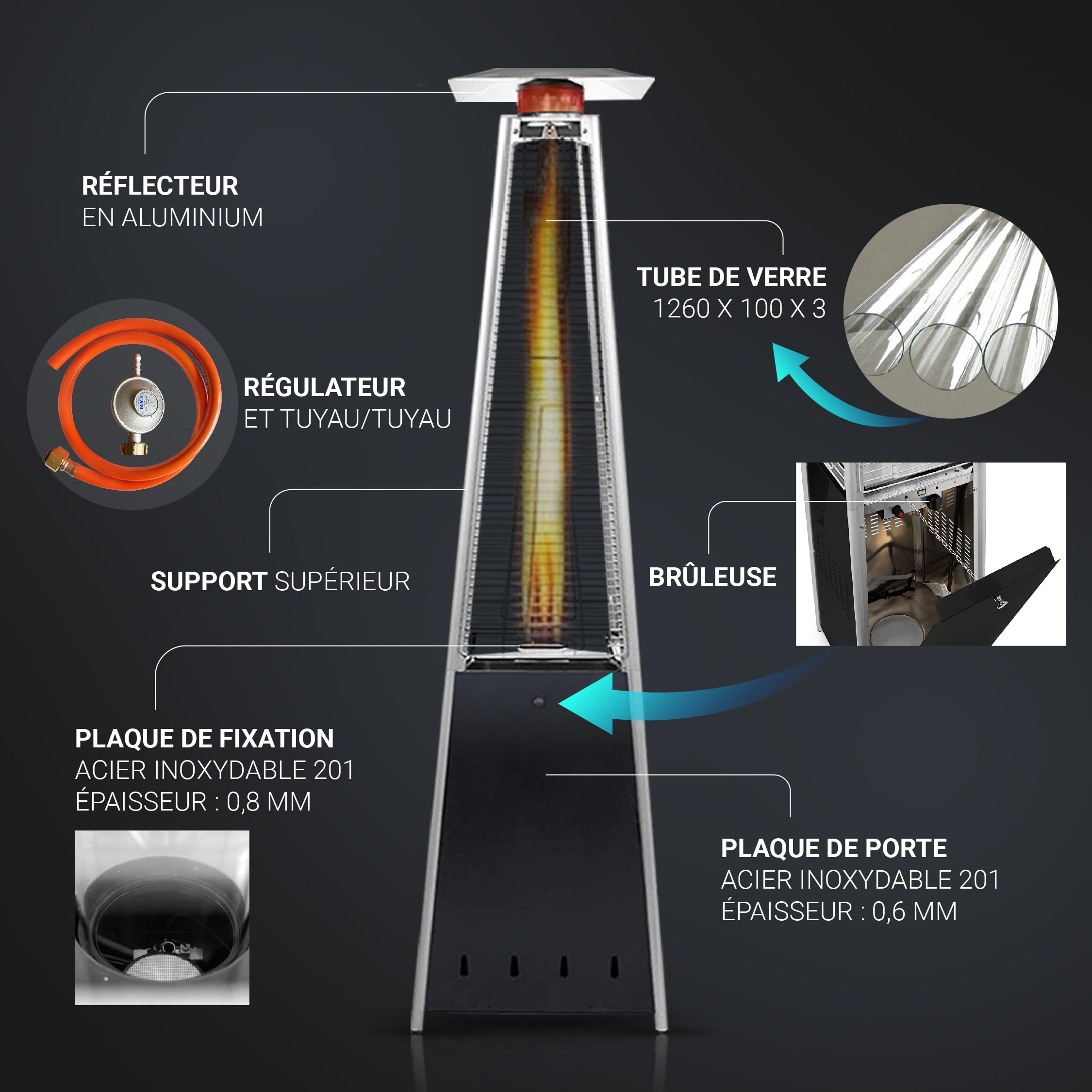 BU-KO Chauffage au Gaz Pyramide 13kW Acier Inoxydable Extérieur Jardin