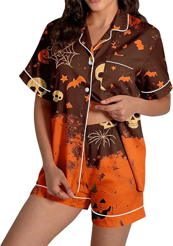Pumpkin Pjs Women, 2 Piece Fall Pajamas Women Adult Funny Shirts and Shorts Clot