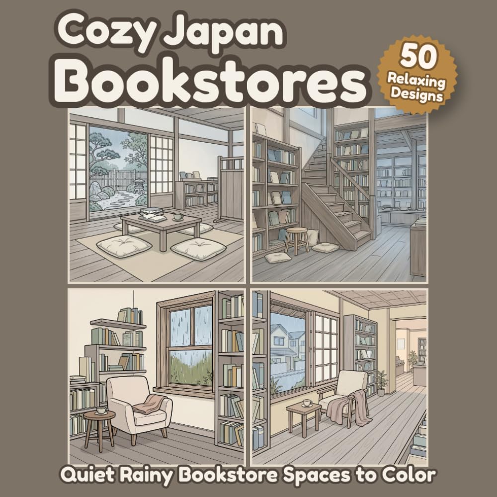 Cozy Japan Bookstores: Quiet Rainy Bookstore Spaces and Peaceful Japanese Reading Corners to Color (Cozy Japan Coloring Collection)