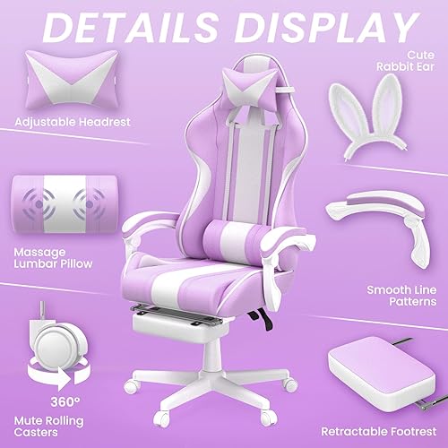 Miniatura 14 de Ferghana Kawaii Bunny Ears - Silla de juegos con reposapiés y masaje, sillas ergonómicas de cuero para niñas, adultos, adolescentes y niños, color