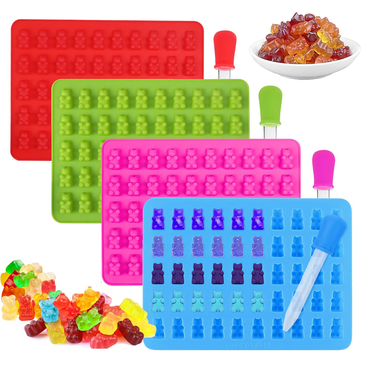 Sadodo Silicone Chocolate Mould,Pack 4PCS Mini Bear Gummies Moulds,Fruit Snack Molds,Candy Sweets Molds,with 4 Dropper,Ice Cube Tray,Mini Cute Bear Jelly Mould,Gift DIY Birthday Halloween