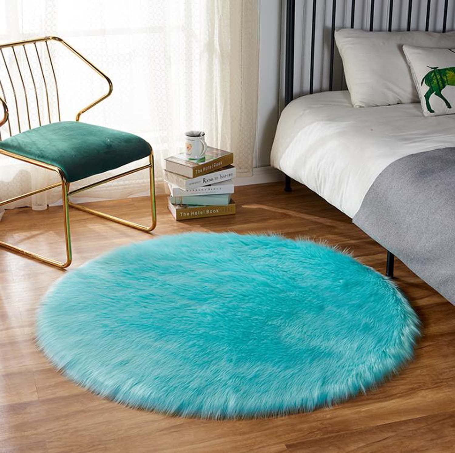 Dhao Tapis Rond Doux Faux en Peau de Mouton Imitation Toison Moquette Fluffy Soft Longhair Décoratif pour Le Salon Chambre à Coucher Canapé (Bleu,110cm)