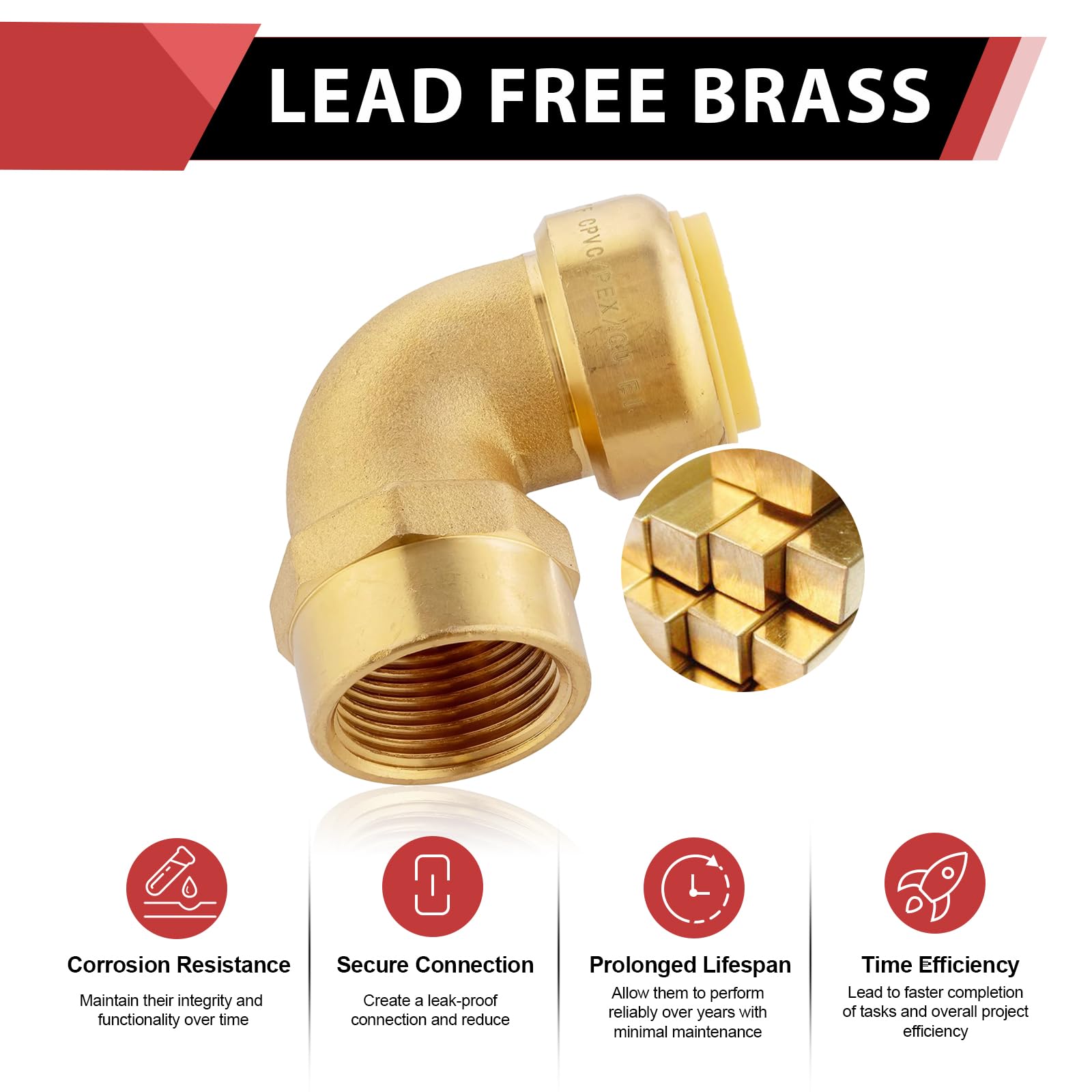 EFIELD Hoger PUSH FIT 1/2" Codo x accesorios de tubería hembra (FIP) Empuje para conectar Pex, CPVC, 1/2" con un clip de desconexión, latón sin plomo 5 piezas