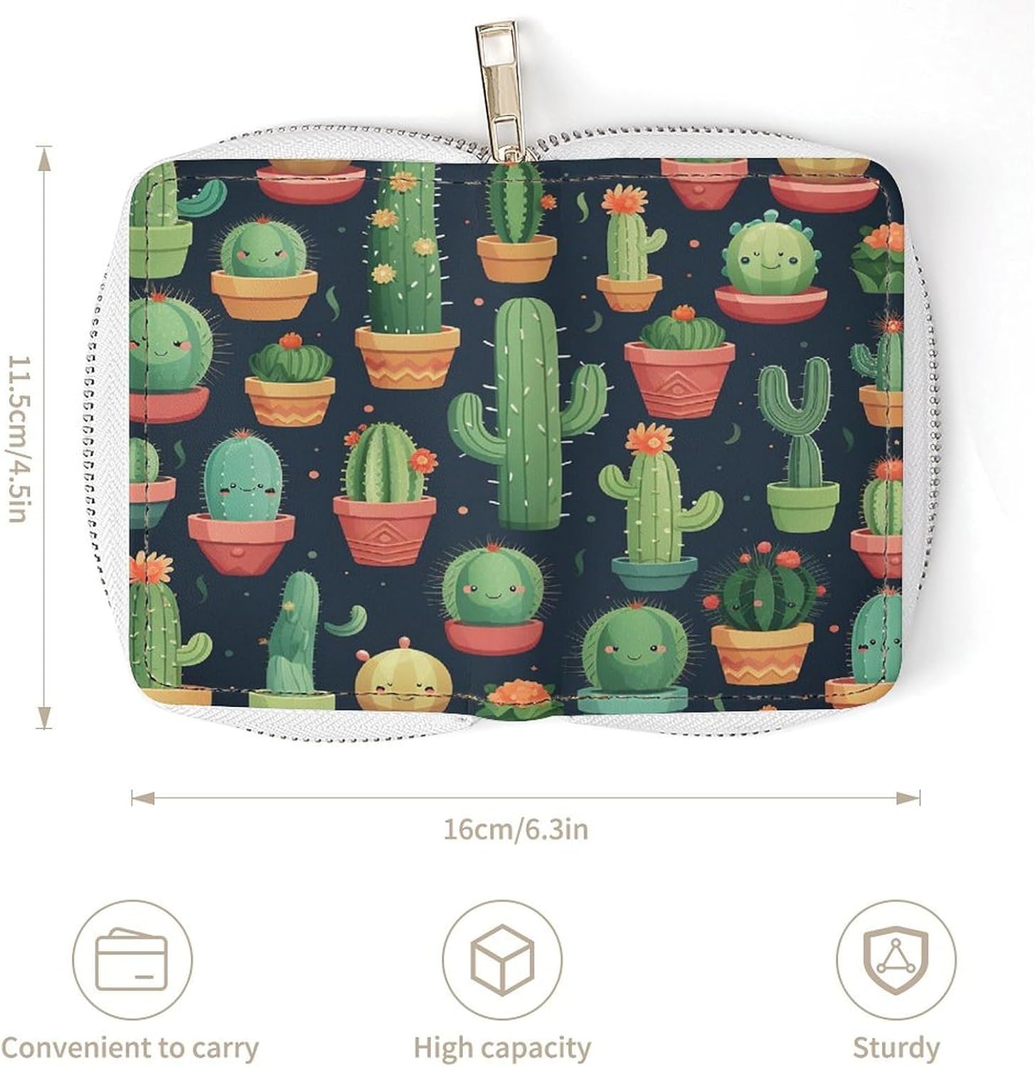 Leather Card Organizer Case Card Wallet Credit Card Holder Cactus Seamless Illustration Printed Zipper Card Cases Holder for Women Men