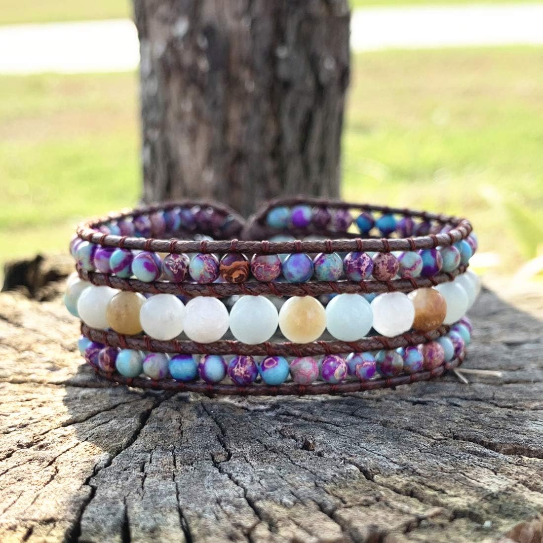 YGLINE Boho Handmade Natural Stone Bead 3 Row Wide Wrap Wrist Statment Bracelet Jewelry Collection - Image 5