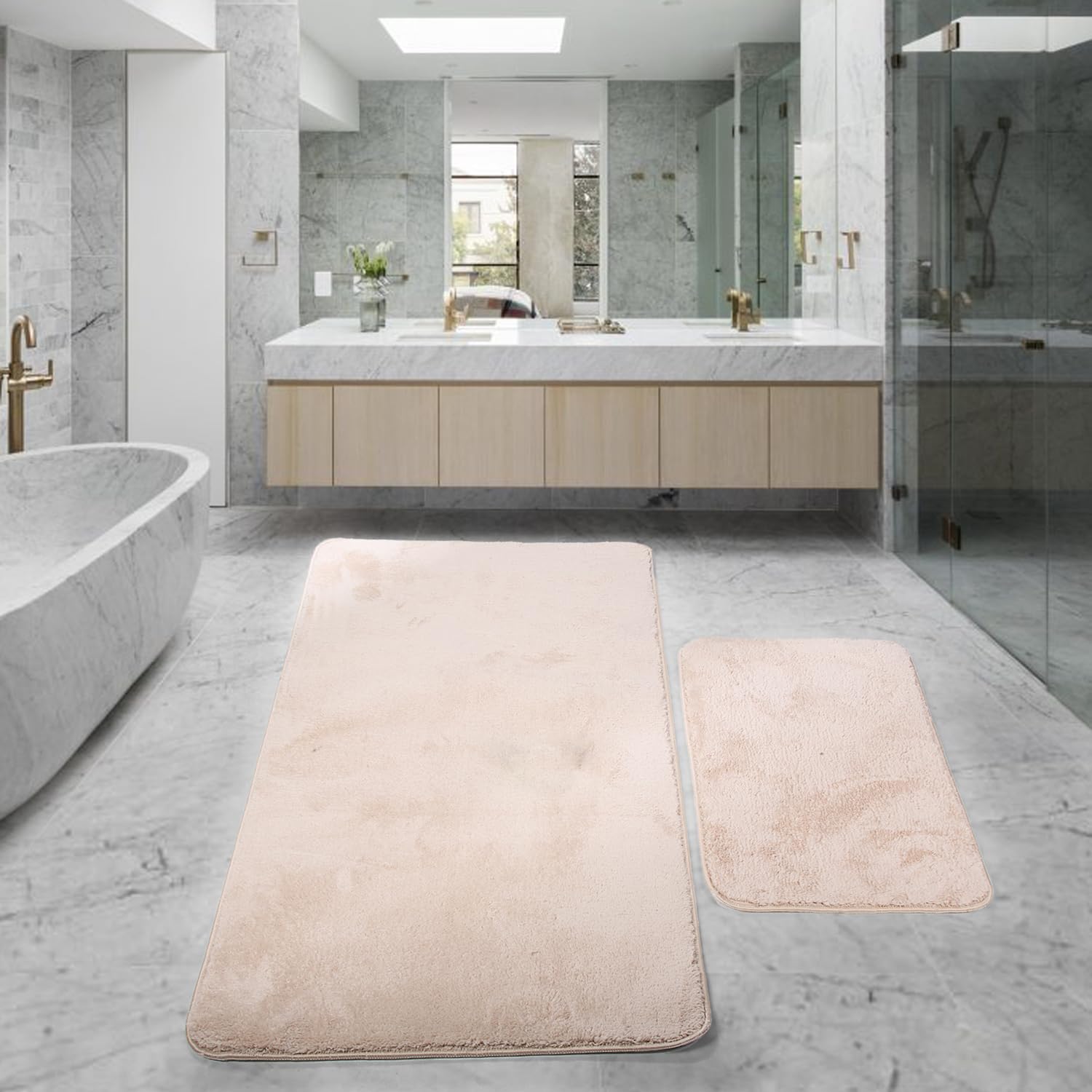 Beige rutschfeste Badematte Set 2er (80x150 cm) + (50x80 cm)| Plüsch Badteppich | Weiche Bad- und Duschvorleger | Maschinenwaschbar, Schnell Trocknend Badvorleger Relax