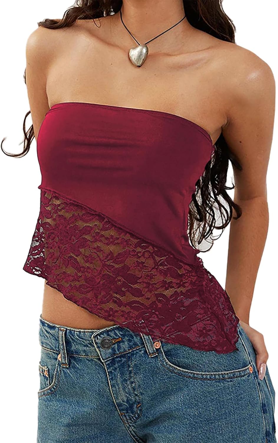 Xineicy Tube Tops for Women Strapless Lace Bandeau Going Out Crop Tops Y2k Asymmetrical Hem Summer Tops