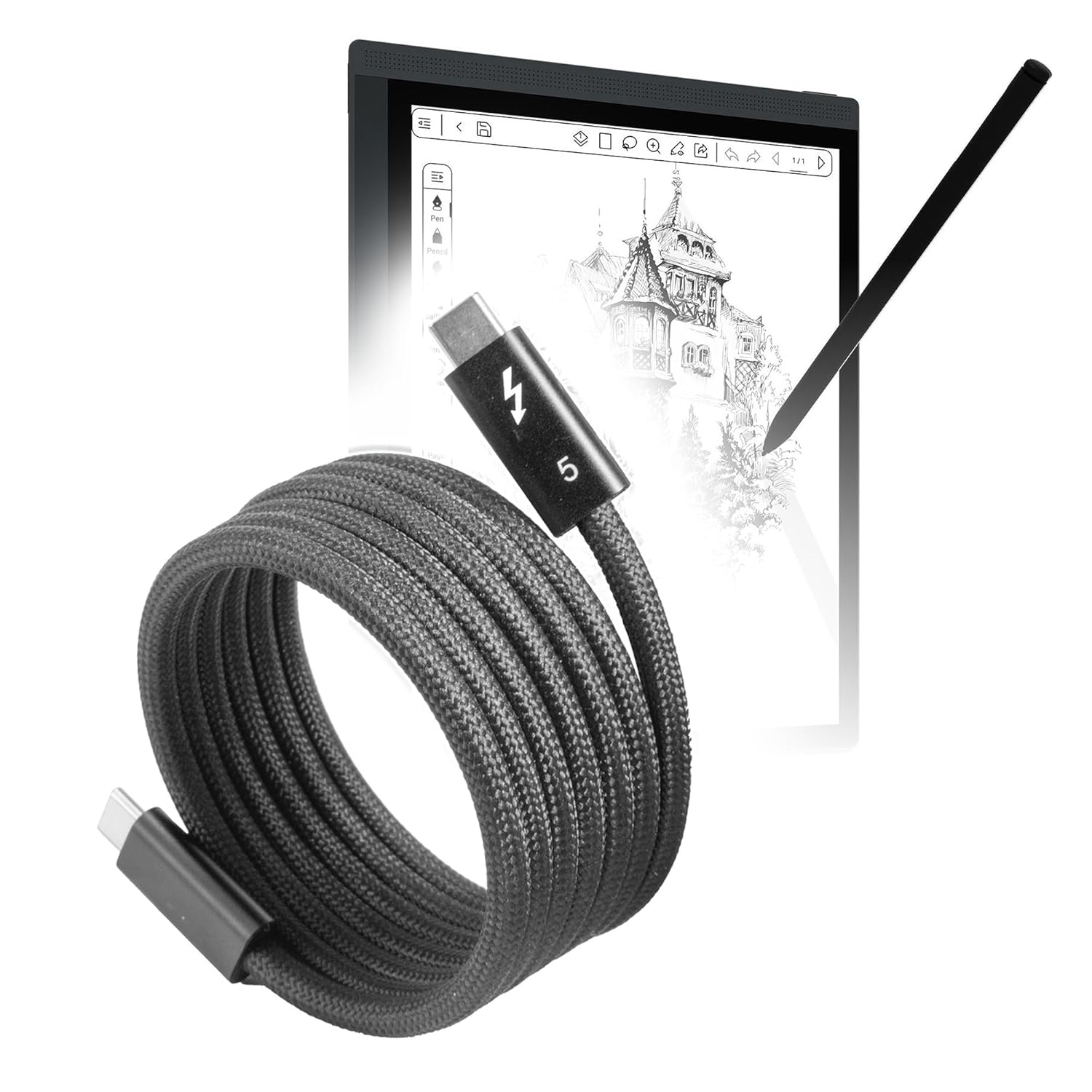 BoxWave Cable Compatible with Bigme B1051 (10.3 in) - SnapWrap Thunderbolt 5.0 Cable (5ft 240W), Magnetic Self-Coiling Nylon Braided Retractable - Jet Black