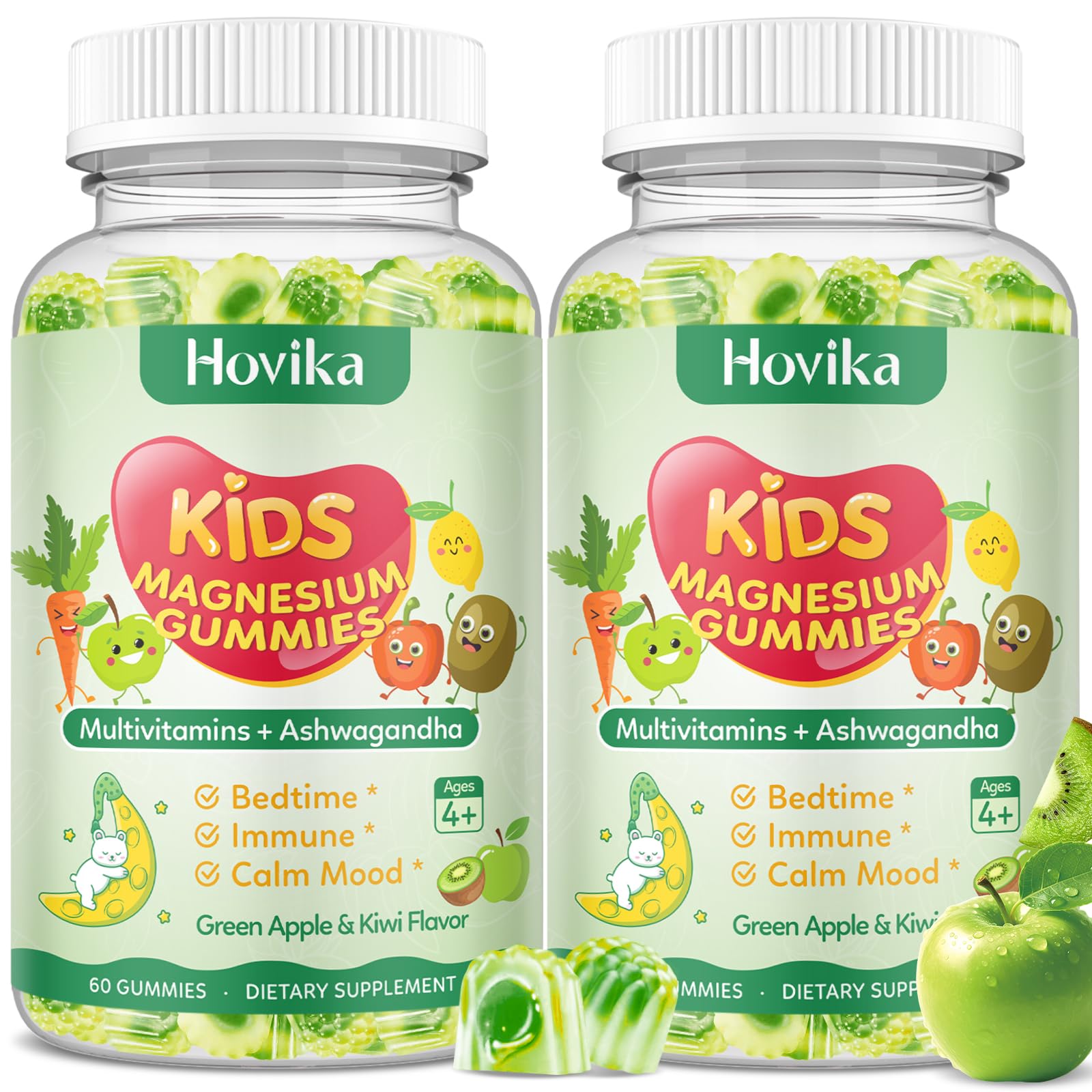 2 Pack Center-Filled Magnesium Glycinate Gummies for Kids - Magnesium Supplement Gummes with L-Theanine, Chamomile & Multivitamins for Sleep, Calm & Focus, Melatonin-Free - Green Apple & Kiwi, 60 CT Green Apple & Kiwi 60 Count (Pack of 2)