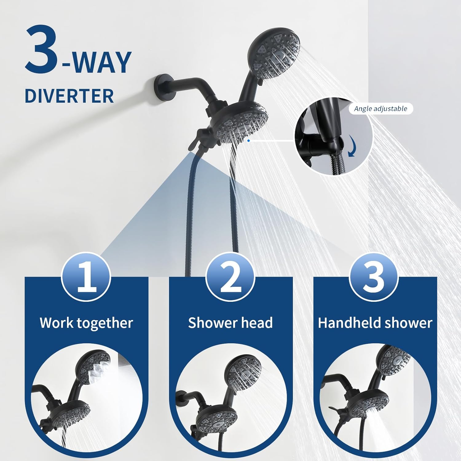 2 Handle Shower Faucet Set with Tub Spout and Shower Head Combo, Matte Black, Wall Mounted, 2 Handles, Brass, Complete Bathtub Shower Trim Kit