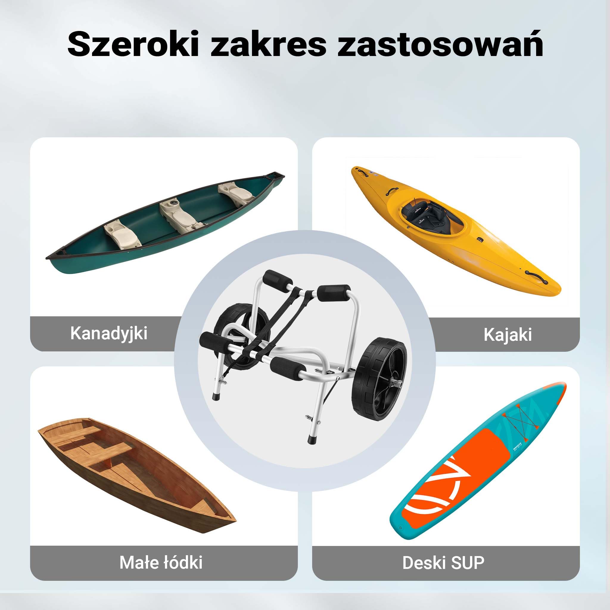 Składany aluminiowy wózek kajakowy Wiltec do 68 kg, wózek transportowy do łodzi, kajaków i kanoe, wózek surfingowy z poduszkami, koła PU Ø25 cm z nylonowym paskiem do mocowania
