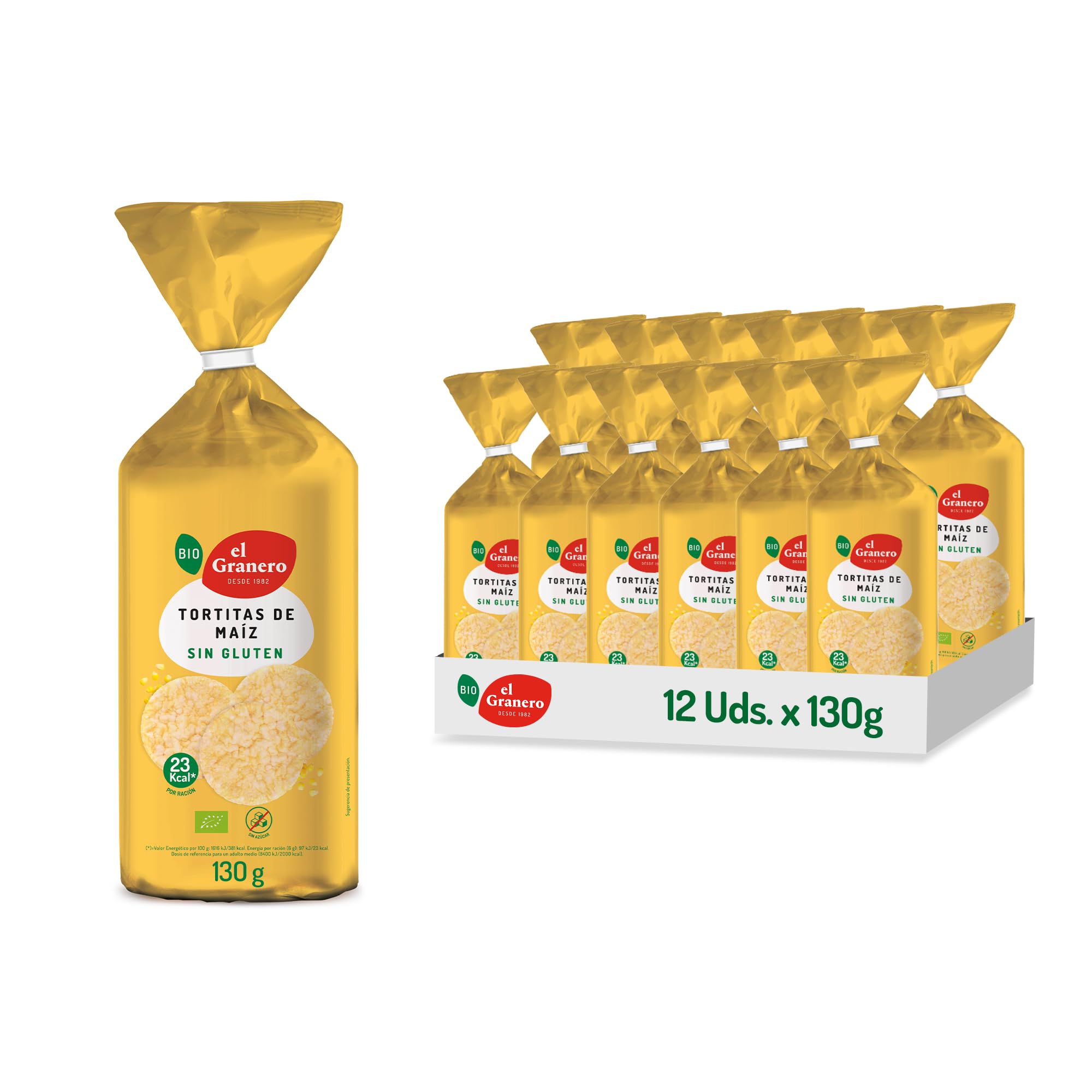 EL GRANERO INTEGRAL - Pack of 12 Units of 130 g Organic Corn Pancakes – 130 g - No Added Sugar and Gluten Free - Suitable for Vegans - High Content in Carbohydrates, Maiz