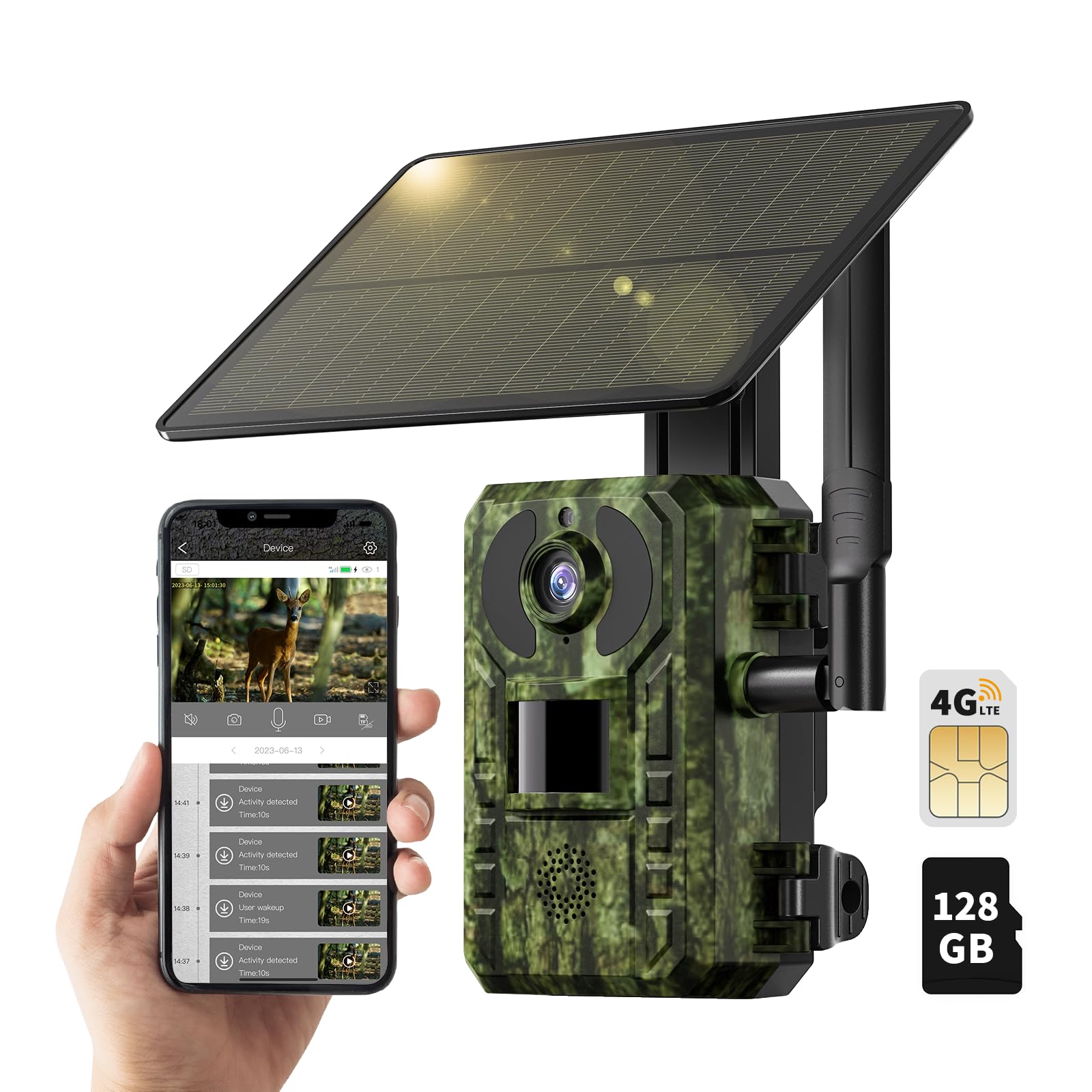 NUASI Fototrappola 4G con SIM et 128GB SD, Video in Diretta 2.7K, Solare Fototrappola Infrarossi per Monitoraggio della Fauna Selvatica, Visione Notturna, Impermeabile IP66, Rilevamento del Movimento Verde