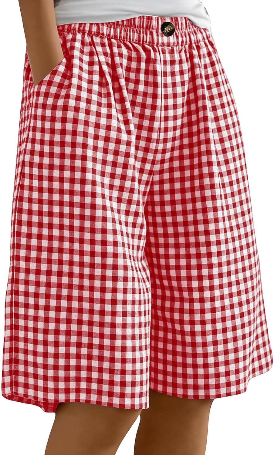 Womens Shorts Casual Summer High Waisted Elastic Comfy Lounge Wide Leg Short Pants Plaid Beach Vacation Clothes