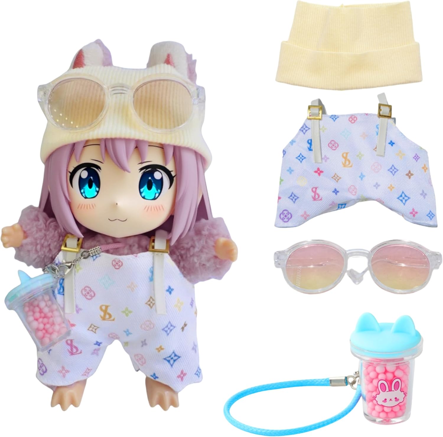 Doll Clothes for Labubu,4Pcs Cute Labubu Clothes Set,Including Beige Knit Hat, White Overalls, Sunglasses, and Mini Labubu Cup,17cm Labubu Accessories(no Doll)