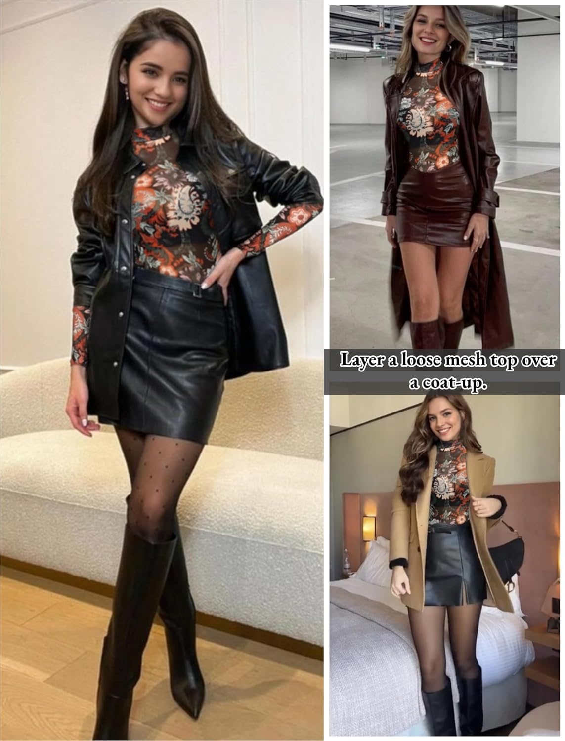 Floral Mesh Long Sleeve Tops for Women Mock Neck See Through Fitted Sexy Going Out Top - Image 7