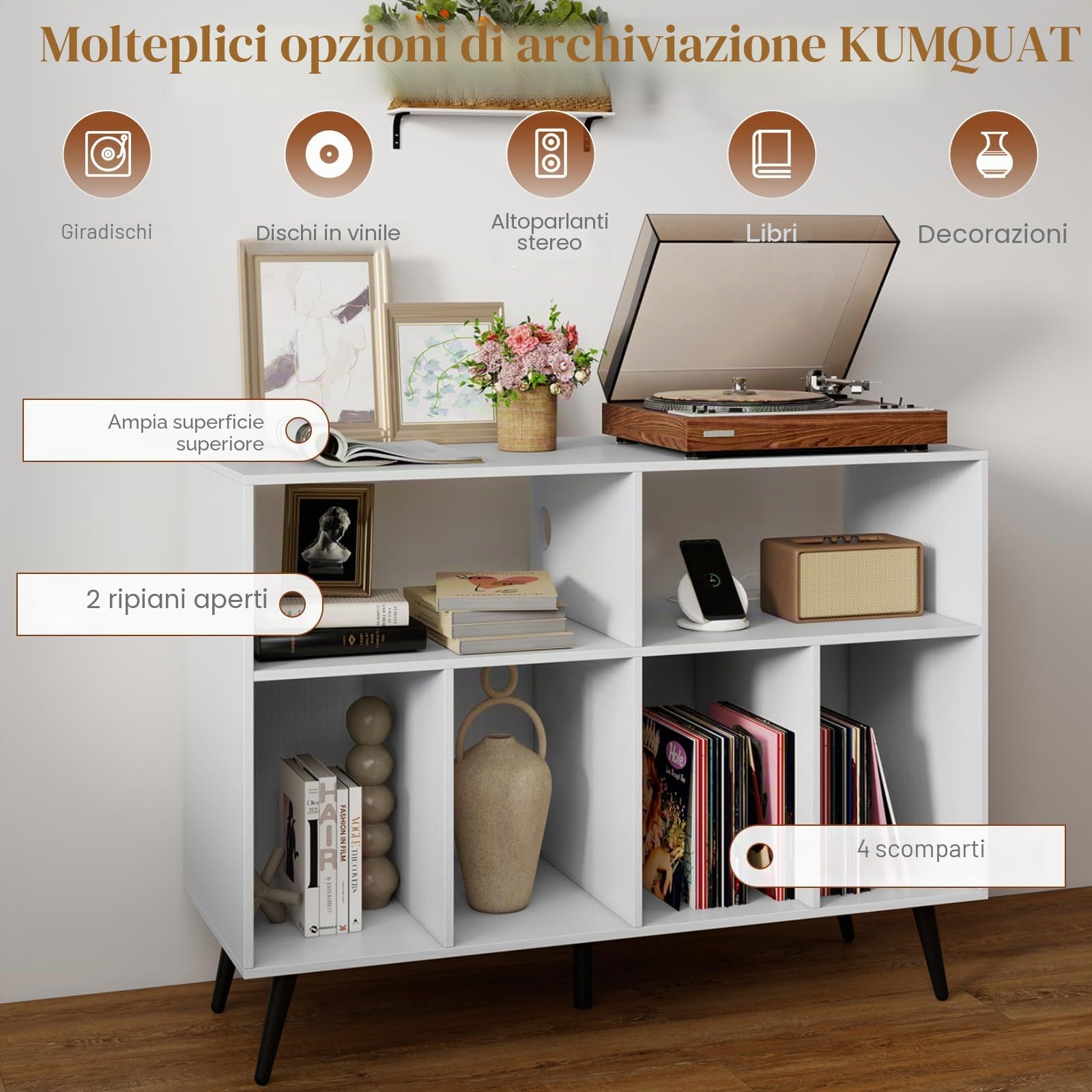 KOMFOTTEU Supporto per Giradischi a 3 Livelli, Mobile Vinili con 4 Scomparti e 2 Ripiani Aperti, Espositore per Dischi con 5 Gambe in Metallo (Con Stazione di Ricarica, Bianco)