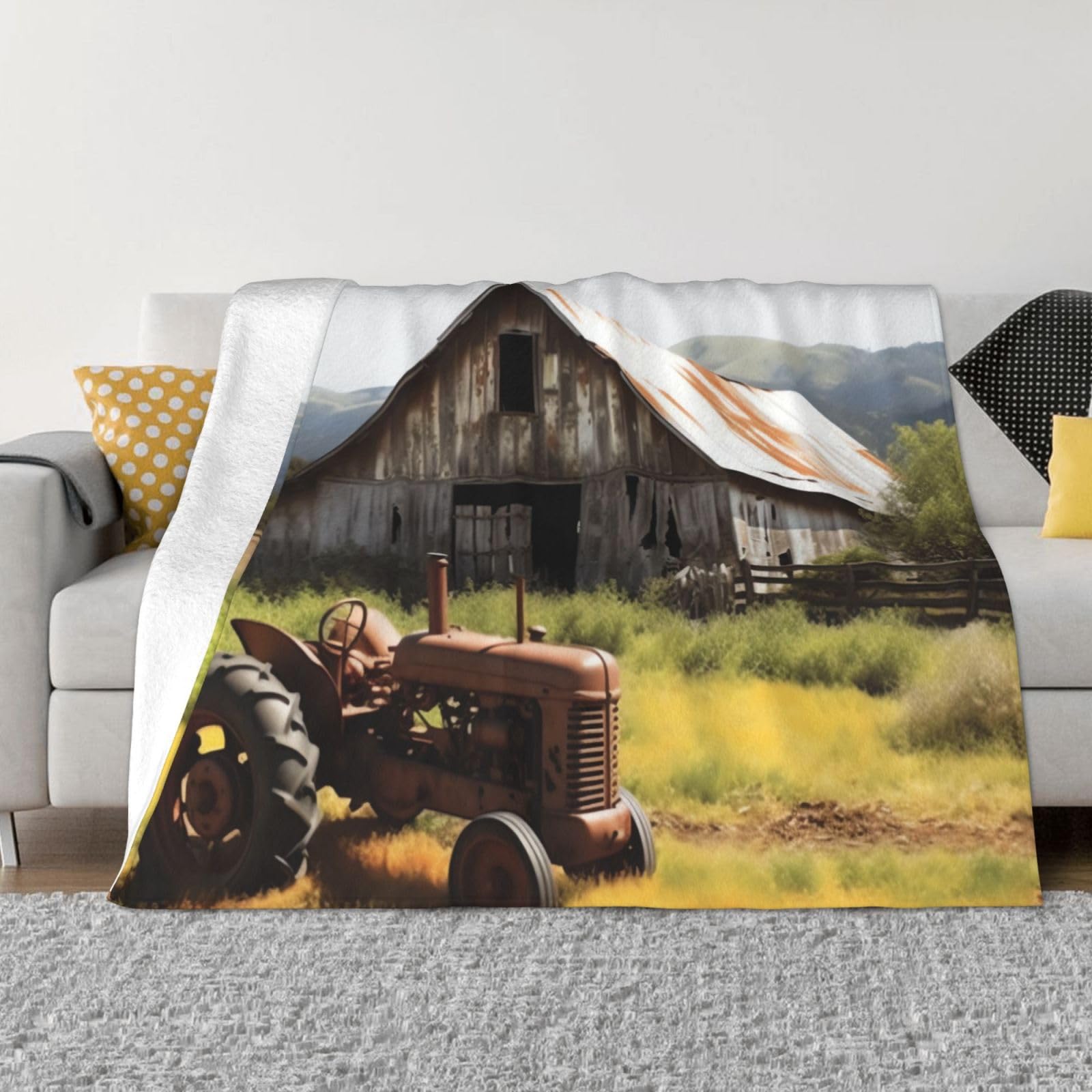Couverture micro-polaire douce flanelle motif grange authentique