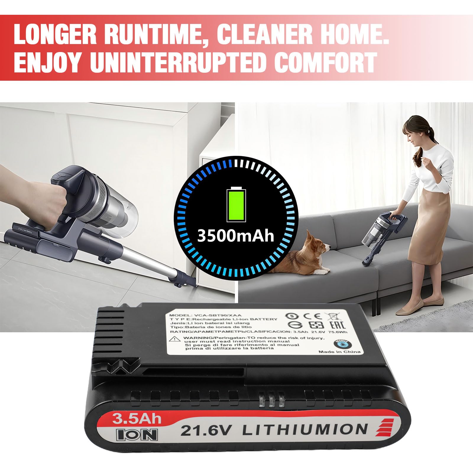 VCA-SBT90/XAA Batteria per Samsung Jet 75 Batteria, compatibile con Samsung Jet 75/75+/75 Pet/Jet 90/90+, VS20R9046T3/AA VS20T7536T5/AA 3500mAh