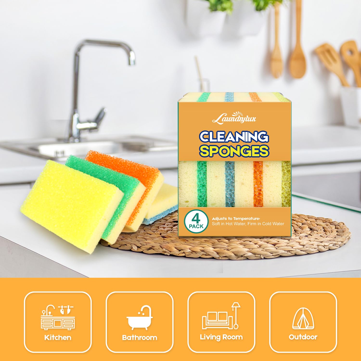 Scrub Sponge, 4 Pack Dual-Sided Temperature-Responsive Sponge and Scrubber - Scratch-Free - Multipurpose Dish Sponges for Kitchens, Bathrooms, and Outdoor Use