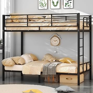 Bonnlo Heavy Duty Twin Bunk Bed with 15-Inch Guardrails, Metal Bunk Bed Twin Over Twin, Reversible Side-Ladder Layout, Wide Flat Rungs, 10-Inch Underbed Storage, No Box Spring Needed, Black