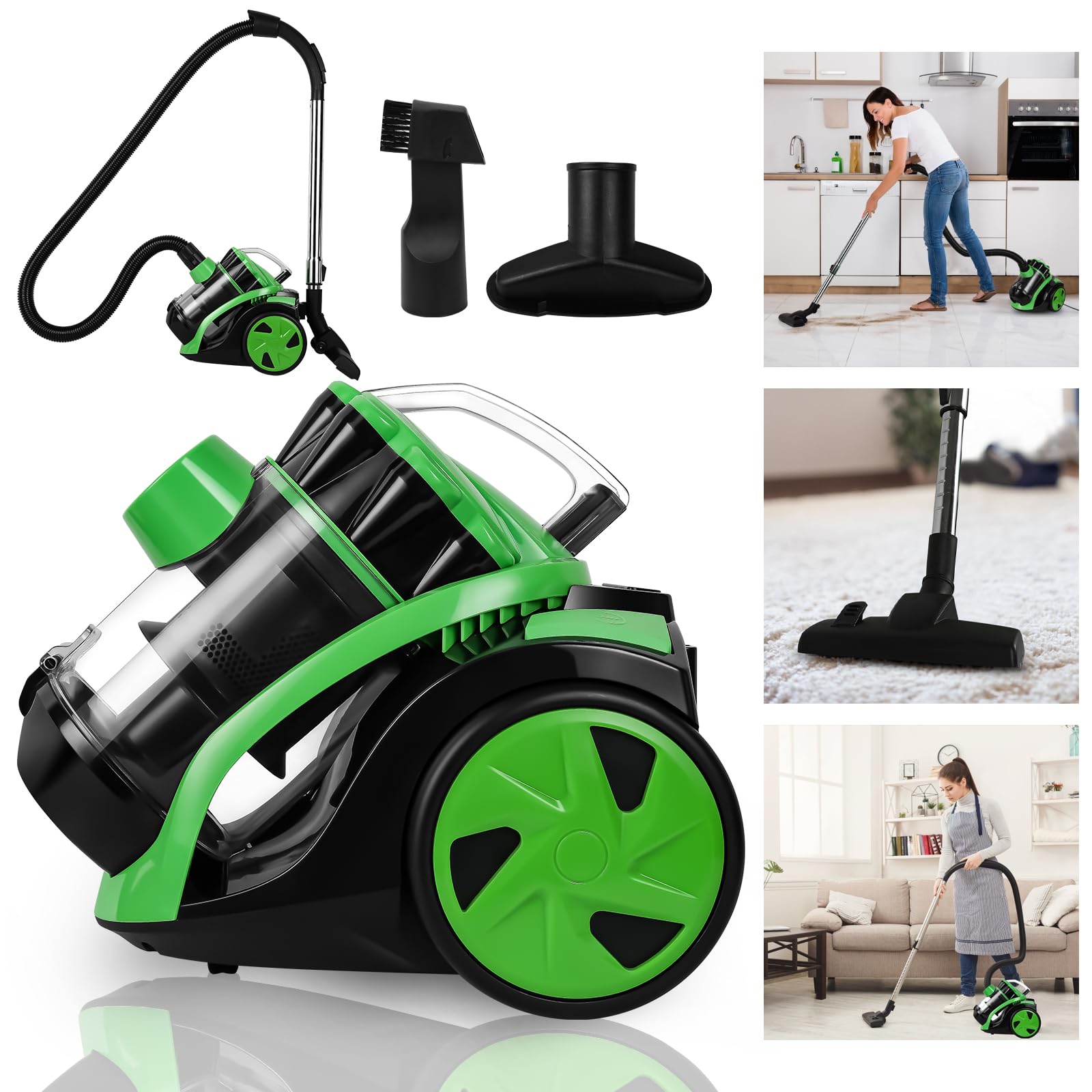 Herrselsam Aspirateur sans sac, silencieux, forte puissance d'aspiration, 3 têtes d'aspiration, brosse de sol, long câble, filtre hygiénique pour parquet, tapis
