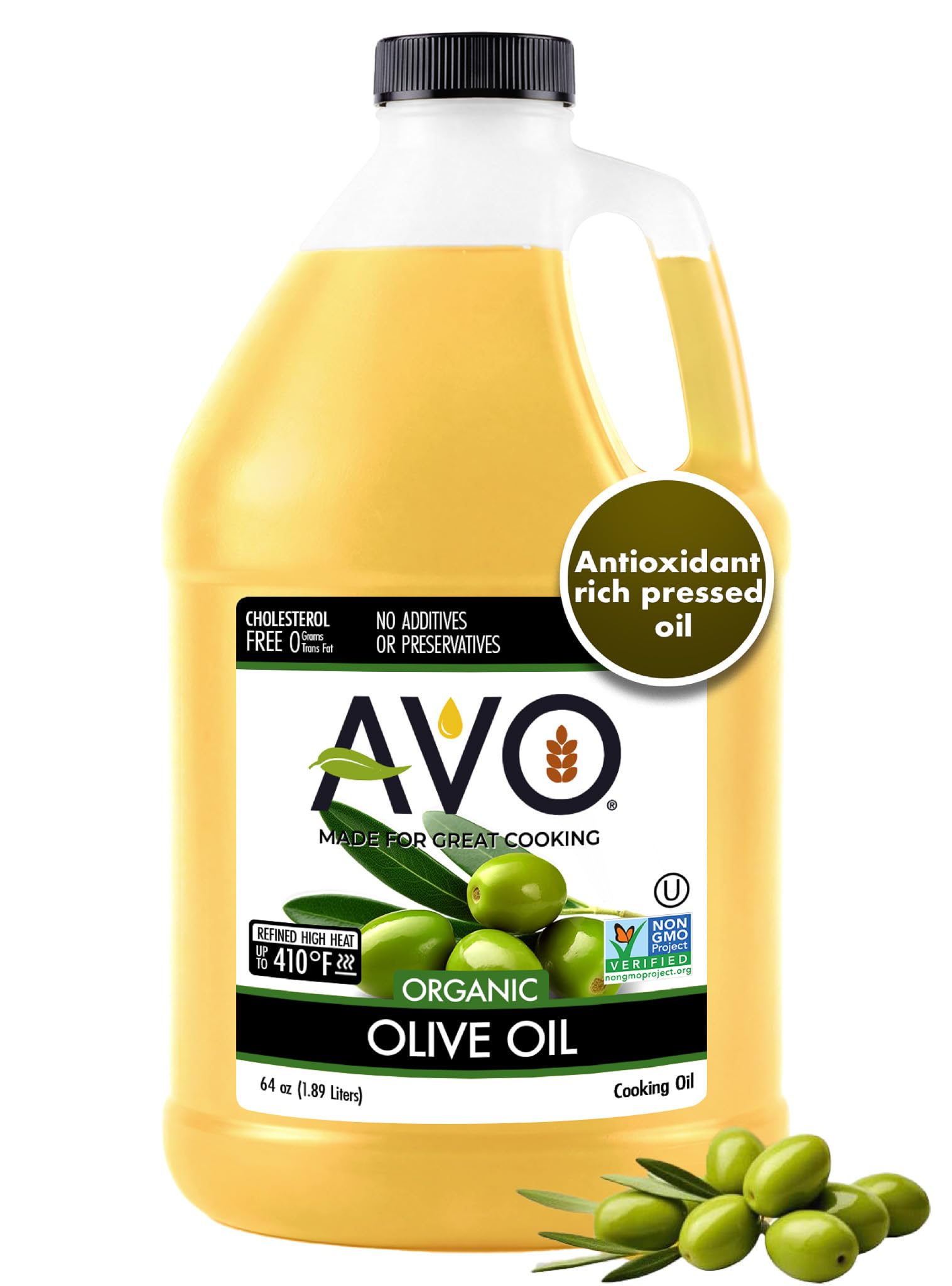 AVO Organic Olive Oil Extra Virgin Cold Pressed, 64 Fl-oz (Half Gallon) NO preservatives added, High Smoke Point 410°F Oil Cooking