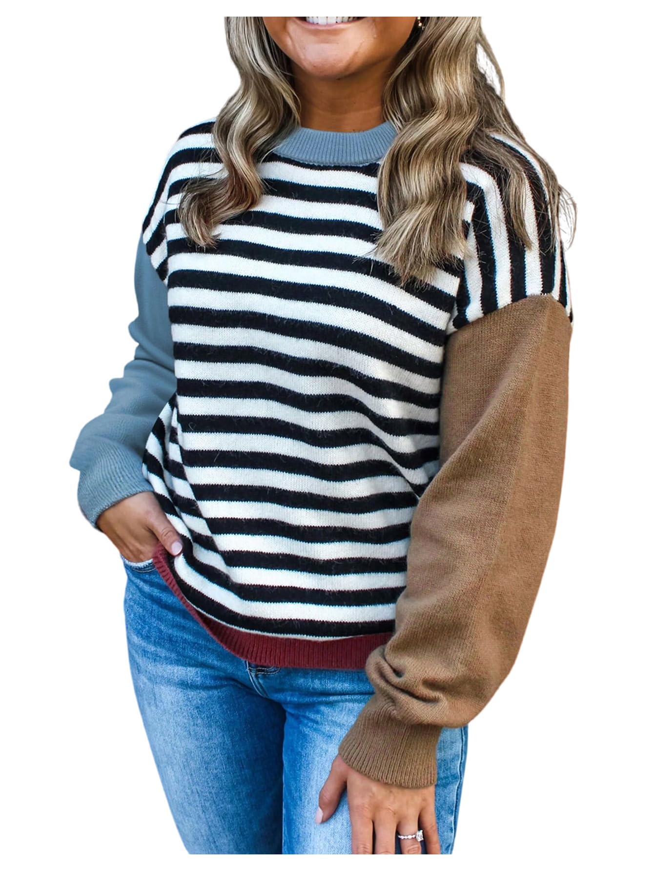 Verdusa Womens Colorblock Striped Pullover Sweaters Fall Clothes Soft Knit Tops