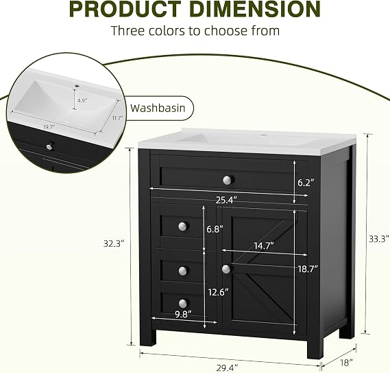 JUMMICO 30'' Bathroom Vanity with Sink, Black | Freestanding Storage Cabinet, Modren Style, 2 Drawers & 1 Flip-Down Drawer&1 Door, Side Storage