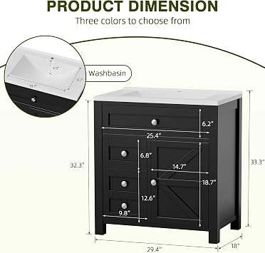 JUMMICO 30'' Bathroom Vanity with Sink, Black | Freestanding Storage Cabinet, Modren Style, 2 Drawers & 1 Flip-Down Drawer&1 Door, Side Storage
