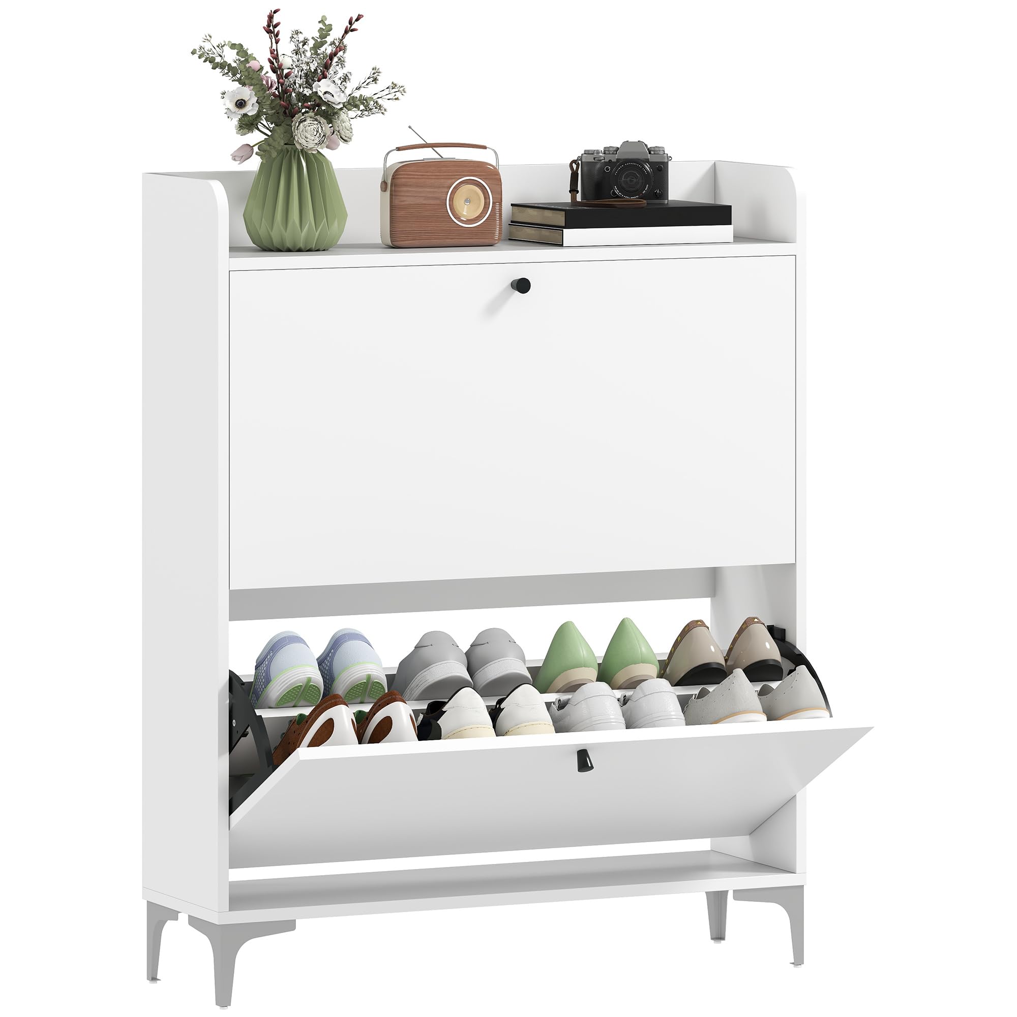 HOMCOM Scarpiera Salvaspazio Slim con 2 Ante a Ribalta, Scarpiera Ingresso con Ripiani Regolabili, Piano Superiore e Base Rialzata, Porta Scarpe per 16 Paia in Legno con Maniglia, 80x24x101 cm, Bianco