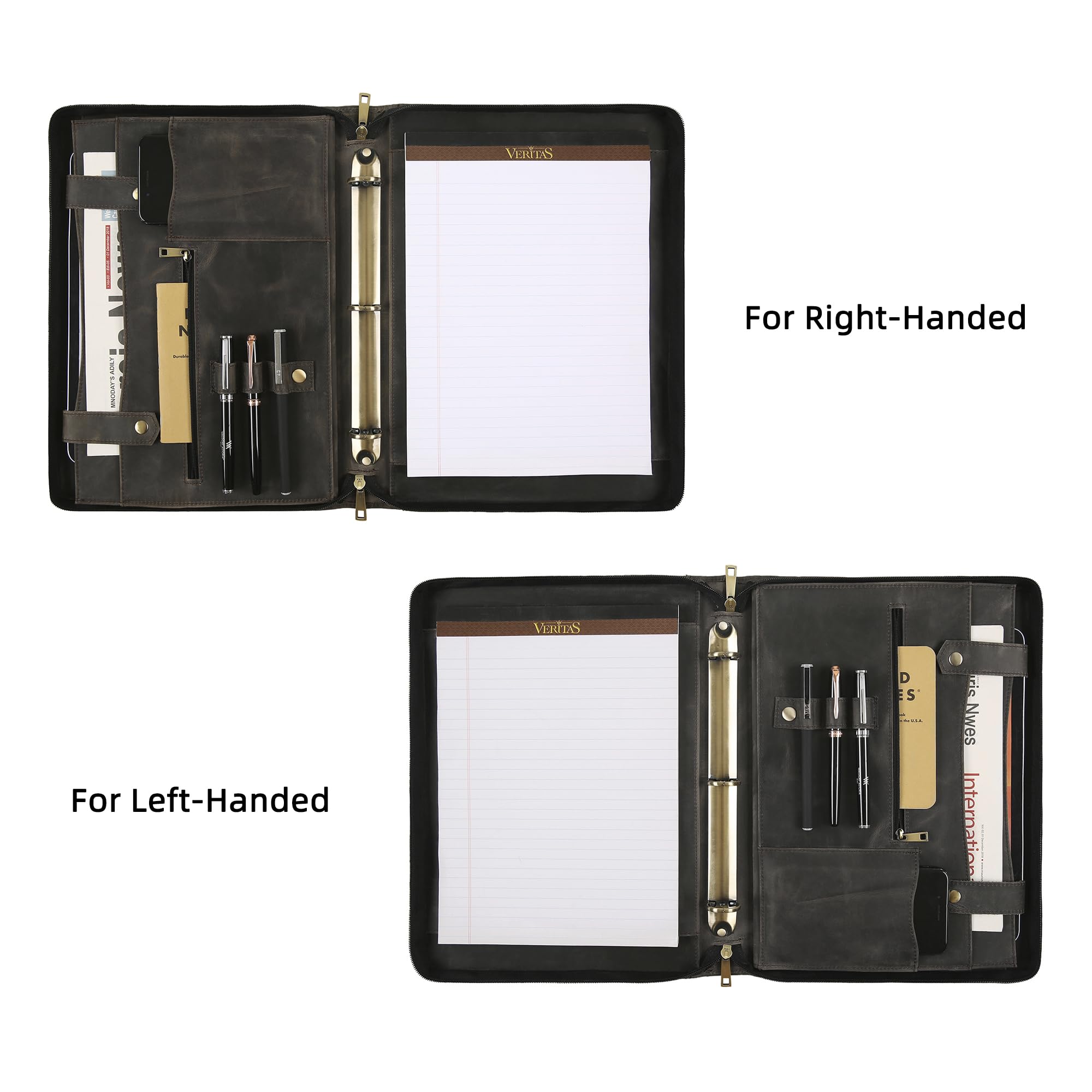 Portefeuille en cuir fait à la main pour homme et femme, porte-documents personnalisé en cuir pour gaucher avec porte-bloc-notes A4 (gris, non personnalisé)