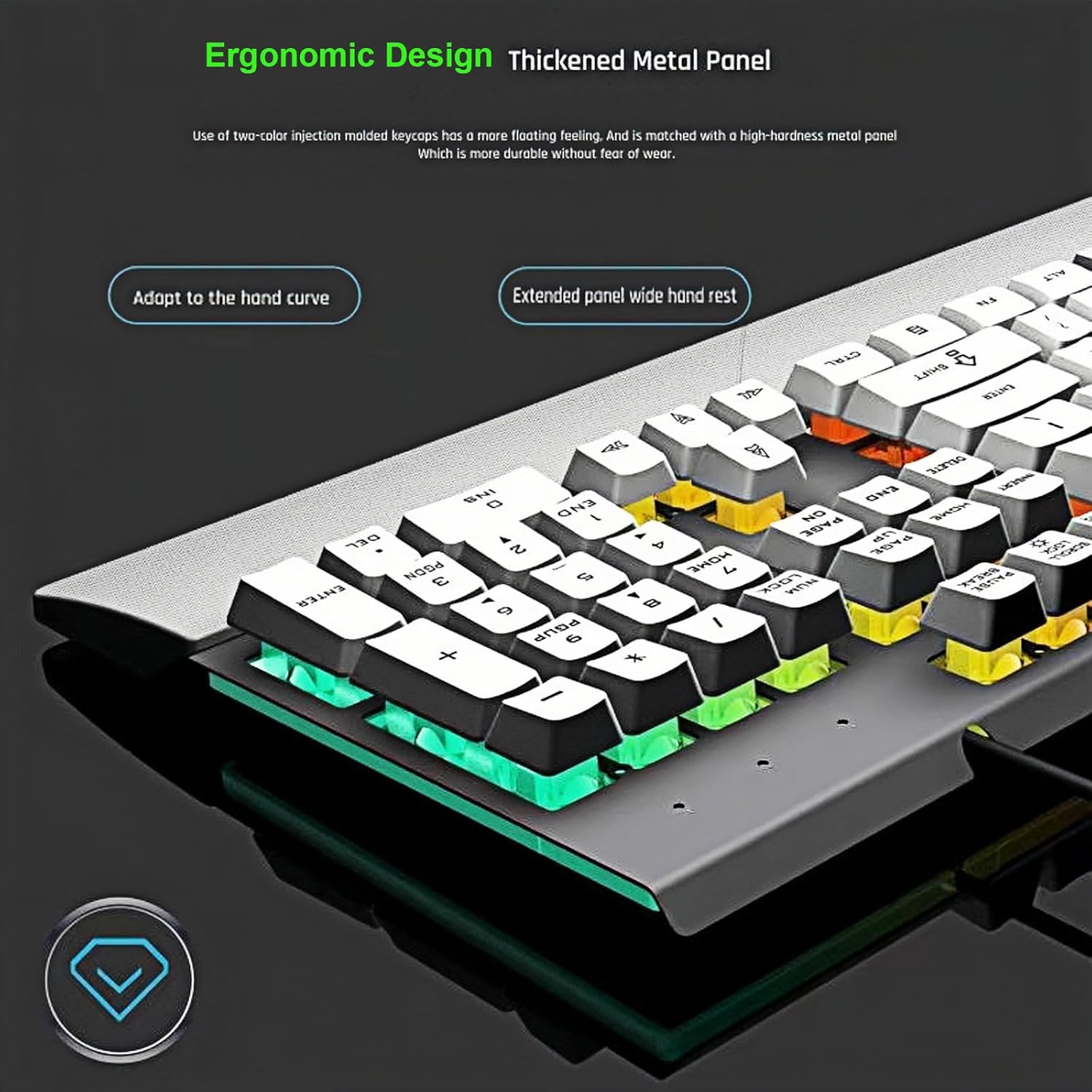 Wired Rainbow LED Gaming Keyboard,104 Keys Light Up Mechanical Feeling Computer Keyboard With Palm Rest for Windows, Laptop,PC Gamers Office Device,Travel, Easy to Carry on Business Trip,Woking(White)